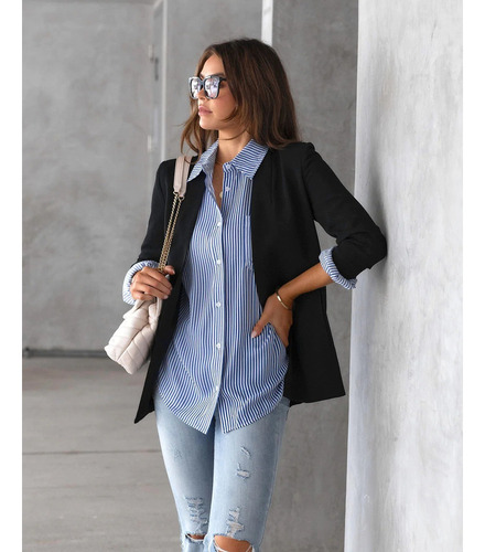 Camisa De Manga Larga Informal Holgada Con Top A Rayas Mujer