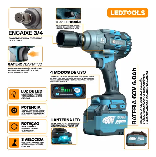 Kit Chave De Impacto A Bateria 60v 3/4 E 1/2 Pol K Nakasaki