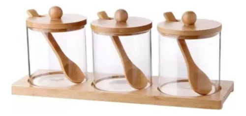 Porta Condimento C/ Suporte Bambu 7 Peças 350ml Em Vidro