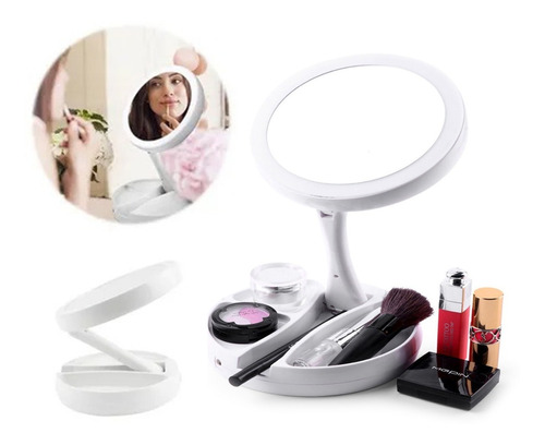 Espejo De Maquillaje Luz Led Doble Cara Ajustable Plegable