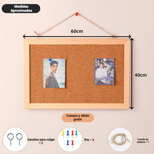 Tablero De Corcho 60x40cm Pizzaron Con Kit De Instalacion Para Colgar En Pared Ordena Tus Actividades De Forma Creativa Y Original