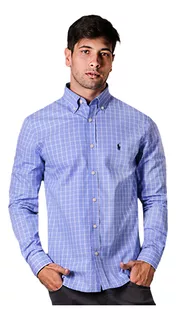Camisa Ralph Lauren Custom Fit Dotted Bold Grid Azul Médio