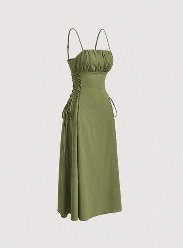 Vestido De Tirantes Unicolor Pecho Con Fruncido Con Cordón L