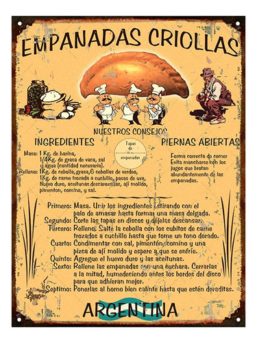 Cartel De Chapa Vintage Retro Receta Empanadas Criollas L319