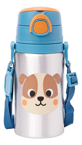 Garrafinha Infantil Escolar Aluminio Com Canudo 450ml Buba Azul-aço Cachorrinho