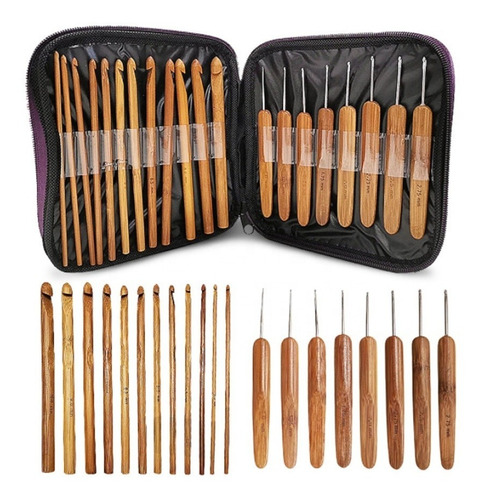 Set De 20 Palillos Crochet De Bambu Con Estuche