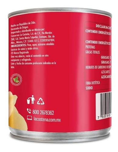 Peras En Almíbar La Costeña En Mitades 820 Gr 6 Piezas