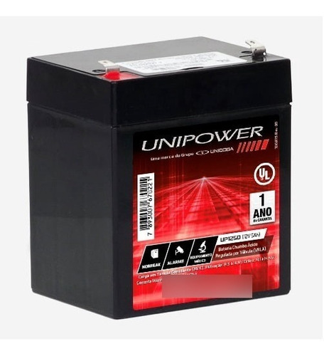 Bateria Selada 12v 5ah Unipower Up1250 - Vida Útil: 2 Anos