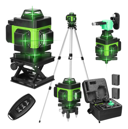 Nivel láser Genérica LCD 16-line full set of configuration level meter +2 batteries+charger+base+lifting platform+iron plate+wall mount+remote control+adapter+manual+carrying case+level tripod with two charges, green, Euro 220V