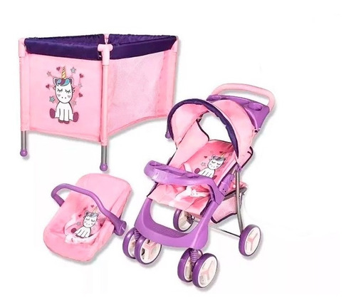 Coche + Practicuna + Babysilla P/ Muñecas Set X3 Unicornio 