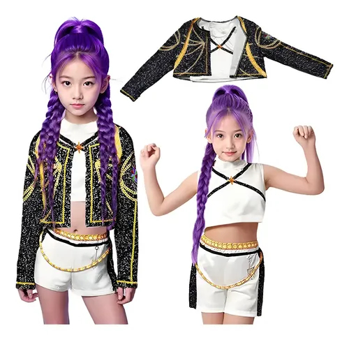 Disfraz Oficial K-Pop Rumi Gold Deluxe | Top De Lentejuelas Y Shorts Con Cinturón | Talla L