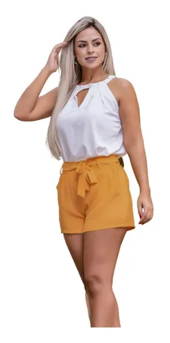 Shorts Feminino Bermuda Social Festa Com Elastico E Cinto