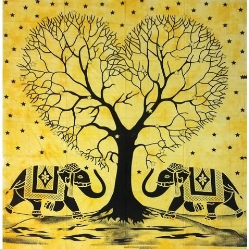 Manta Colcha Casal Árvore Da Vida Coração Elefantes Amarela