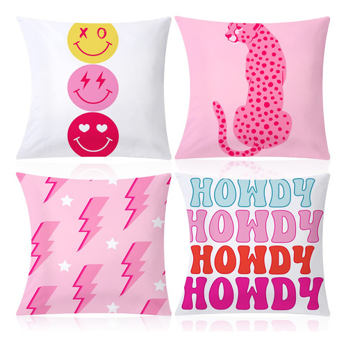 4 Funda Almohada Preppy Diseño Leopardo Rosa Cara Sonriente