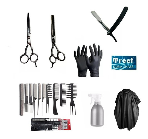 Kit Peluqueria Tijeras+capa+peines+navaja+rociador+guantes