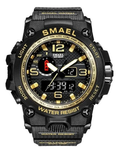 Relógio Smael 1545 Masculino Militar Esportivo Digital Correia Dourado-escuro Bisel Preto Fundo Preto