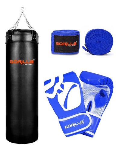 Saco Pancada 120 Cm Cheio + Luva Bandagem Muay Thai Gorilla Cor Azul