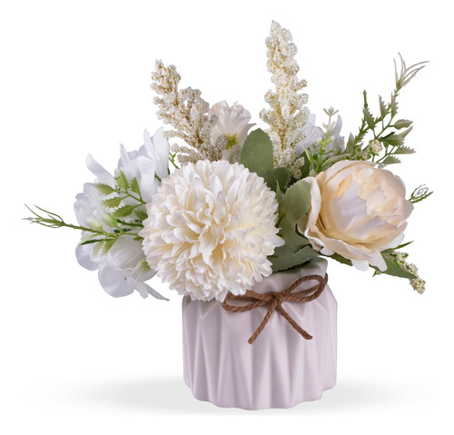 Flores Artificiales Blancas En Maceta, Pequeño Jarrón De Cer