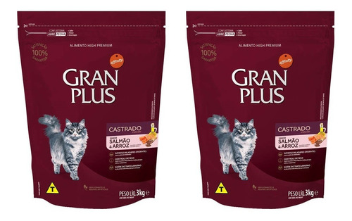 Ração Granplus Gato Adulto Castrado Salmão 3kg Kit 2 Unid.