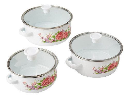 Imagen 2 de 9 de Set De 3 Ollas Tapa Cristal Porcelanadizado Hot Spot Vintage