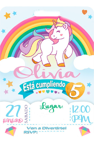1 Invitación Infantil Personalizada Tipo Unicornio Digital