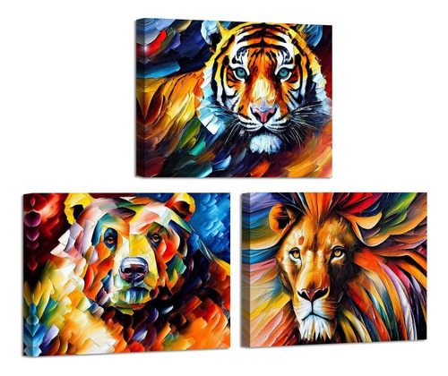 Set 3 Cuadros Animales Coloridos Tela Canvas Leon Tigre