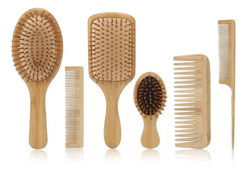 Kit De Cepillo Y Peine De Bambú Anti Frizz Con 6 Piezasv1.