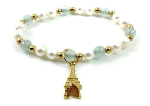 Bashari Pulsera Chapa De Oro Aqua Tiny Eiffel Tower - Azul