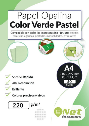 Opalina Lisa A4 Color Verde 220gr Doble Faz Pack 50 Hojas