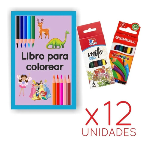 12 Kit Set Libro Colorear Dibujos Lapices Color Cortos Dibuj
