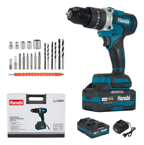 Parafusadeira Furadeira Impacto Hanabi JL-2005 80nm 13mm Brushless Sem Fio 2 Baterias 4.0Ah Cor Azul-petróleo Frequência 50hz / 60hz