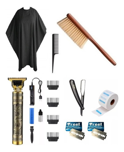 Kit Combo Barbería Cepillo Capa Set Navaja Filos Patillera