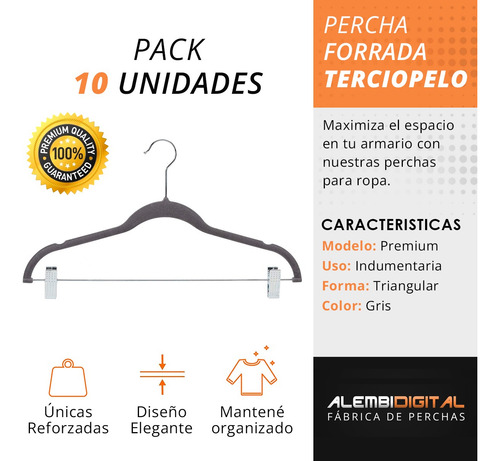 Imagen 3 de 9 de Percha Terciopelo Gris Con Broches Antideslizante M-12 X 10