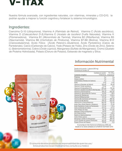 V-itax Multivitaminico Sistema Cognitivo Neurotransmisores Sabor Sin Sabor Vitalhealth
