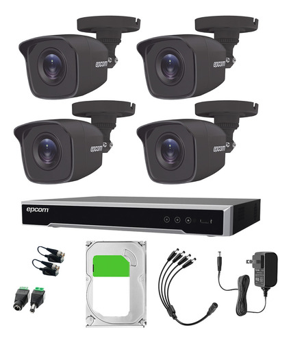Epcom Kit De 4 Camaras De Seguridad Metalicas De Color Negro 5mp Protección Ip66 Para Uso Exterior + Dvr 4ch Turbohd Con Detección De Movimiento Y Salida De Alarma +3tb Hdd Modelo Ev8004b50-plus-sc+3t