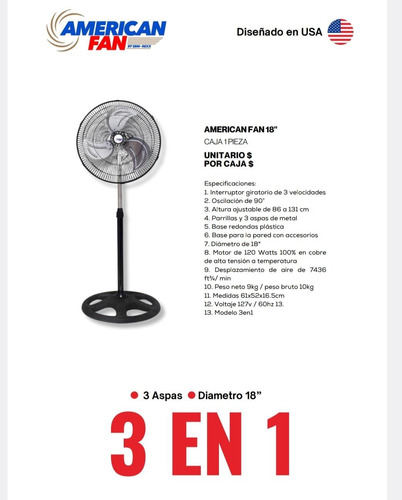Ventilador 18 Pulgadas Negro Pedestal, Piso, Pared 3 En 1 As