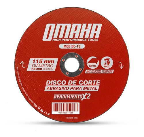 Disco De Corte 115 Mm Metales Omaha Dc-16 X 50 Unidades Color Rojo