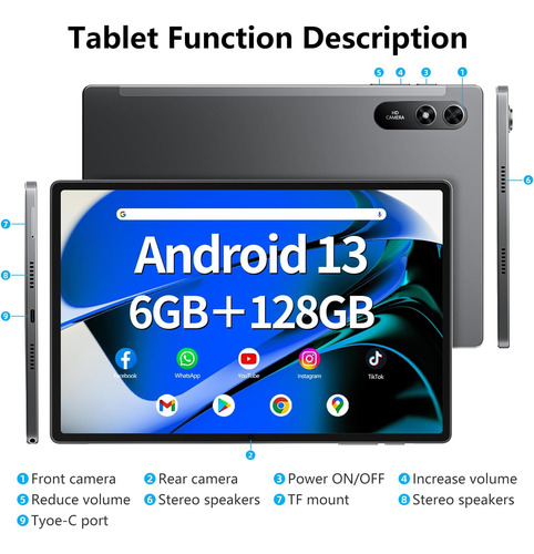 Naclud Tableta De 10.51 Pulgadas 6gb Ram 128gb Rom, Tableta