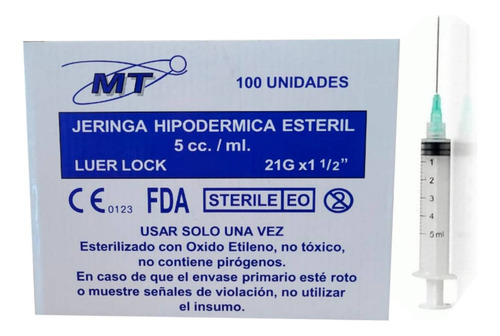 Jeringa 5 Cc * 21 G X 1 1/2 Luer Lock, Caja 100 Unid