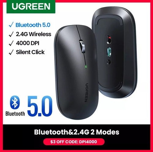 Ratón inalámbrico Ugreen de 2,4 GHz, Bluetooth 4000 dpi, color negro