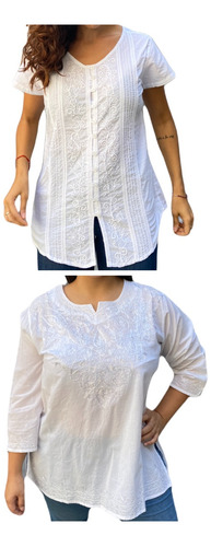 Camisa Blusa Blanca Algodon Batista Hindu Bordada Grande