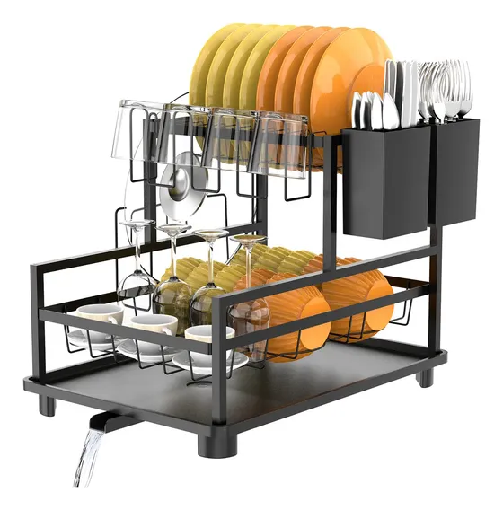 Escorredor de Louça Aço Carbono Preto 2 Andares Para Pratos Copos e Talheres Organizador de Cozinha Porta Copos Porta Talheres Secador de Louças para Pia Bancada