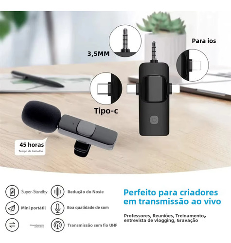 Microfone Duplo Lapela Sem Fio K15 P2 Wireless Recarregável Preto