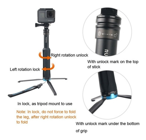 Imagen 6 de 9 de Selfie Stick Gopro Hero 9 8 Max 5 Black Retractil Aluminio