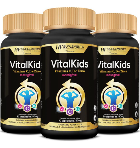 3x Vitalkids Vitamina C D Zinco Infantil 30caps Mastigavel
