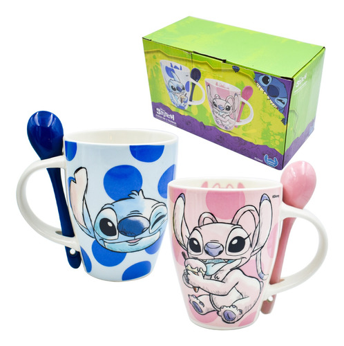 Set Tazas Disney Stitch & Angel Original Cerámica C Cuchara