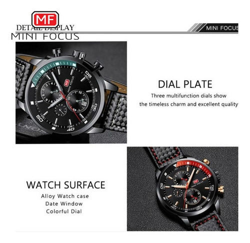 Reloj Cronógrafo Impermeable Mini Focus MF0017G 6 Manecillas Color de la correa Negro
