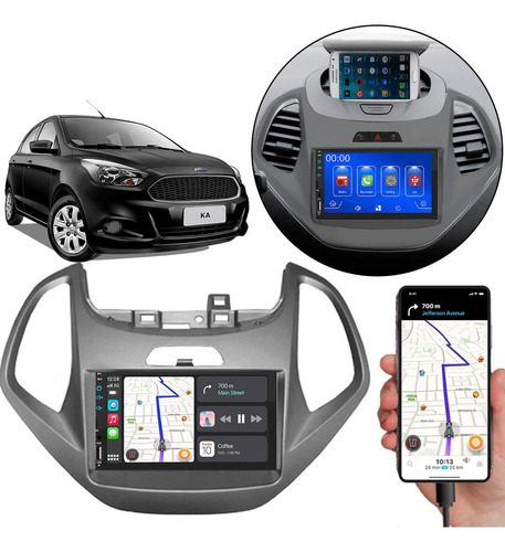 Kit Multimidia Android Auto Carplay Mp5 Ford Ka 15 16 17 Cor Cinza