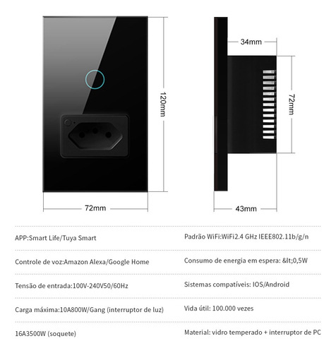 2 Interruptores Inteligentes Wifi,1 Botão De Toque,1 Tomada