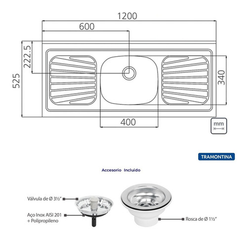 Imagen 2 de 4 de Pileta Acero Inoxidable Mesada Cocina Tramontina® 120x52